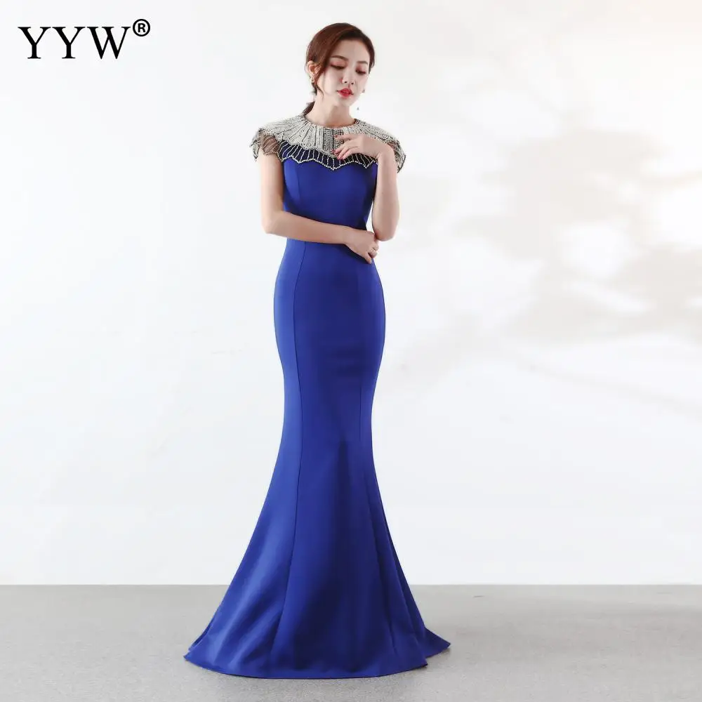 royal blue Длинное вечернее платье со стразами и жемчугом; Элегантное Длинное нарядное платье; Robe De Soiree тонкий русалка вечерние платье знаменитости платье для выпускного вечера для Для женщин - Цвет: royal blue