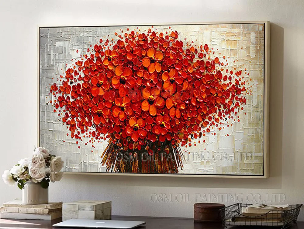 Поставка художника Высокое качество Красный цветок нож картина маслом на холсте