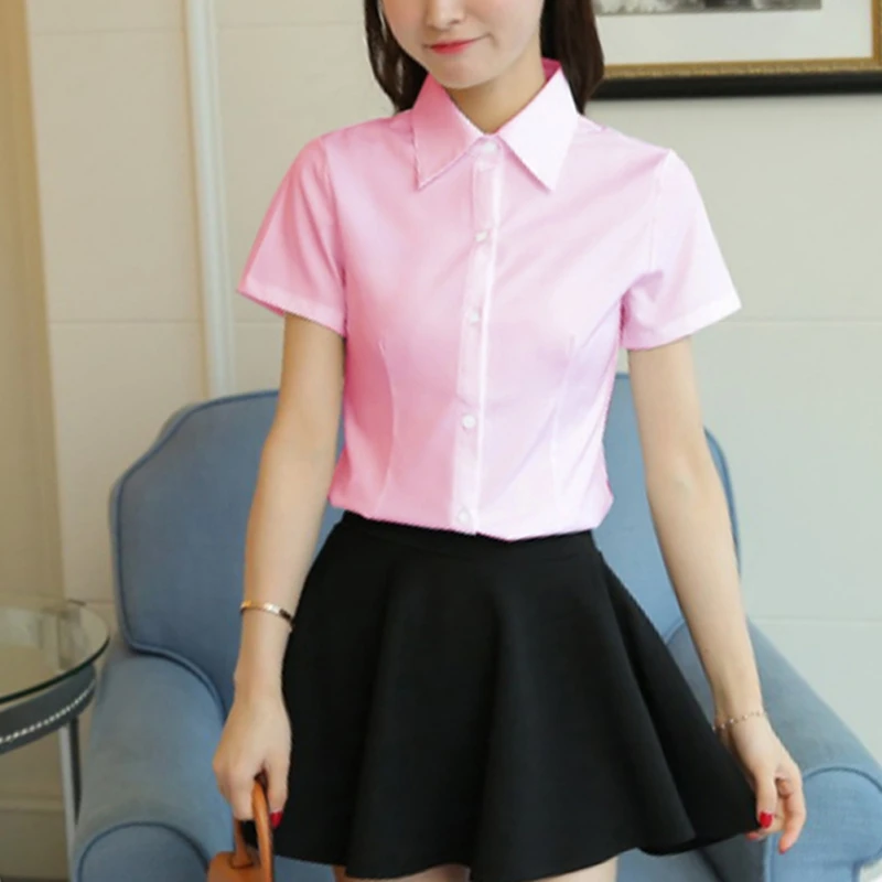 Women Summer OL Temperament Solid Color Loose Slim Lapel Vintage Short-sleeved Casual Bottoming Blouse | Женская одежда