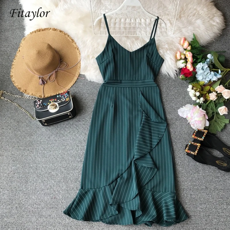 Fitaylor новое летнее женское винтажное платье в полоску с тонкими бретельками