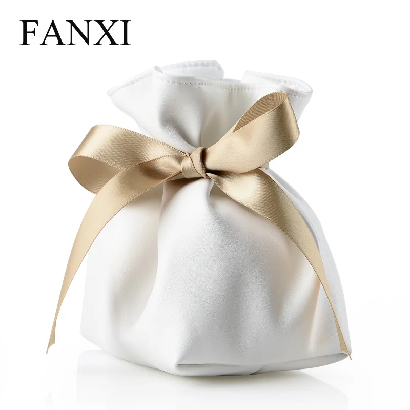 

FANXI White PU Leather Jewelry Bag Gift Pouch with Pillow for Bracelet/Hand Chain /Watch Display with Great Bowknot