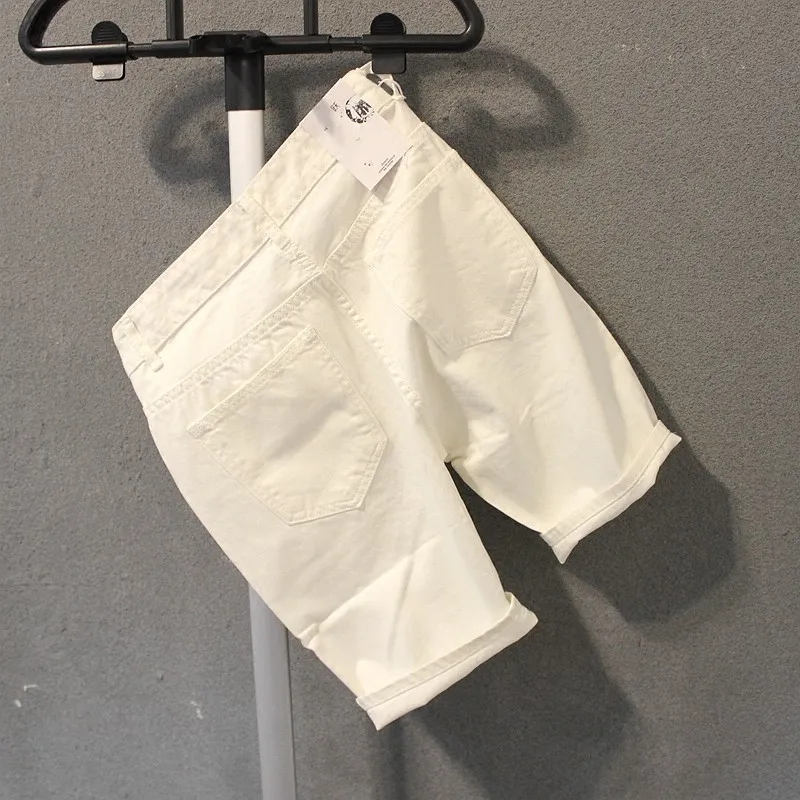 Модные мужские белые джинсы пляжные шорты до колен рваные зауженные