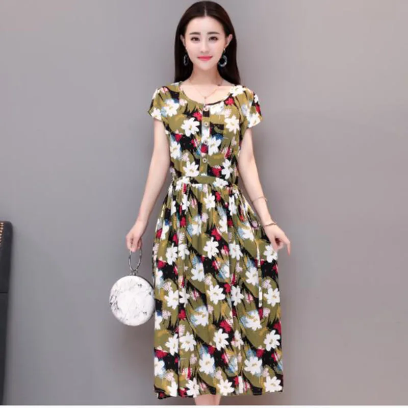 Женское хлопковое платье большого размера свободное летнее с круглым вырезом