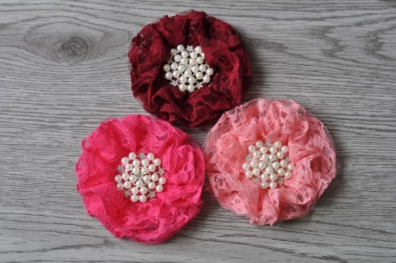 

120pcs/lot 9cm 12colors Newborn Beaded Chiffon Flower+Pearl Rhinestone Button Shabby Lace Ruffled Fabric Flowers For Headbands