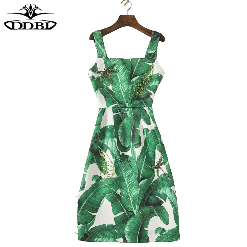 Блестками Широкие бретельки зеленые банановые листья принтом спагетти платье