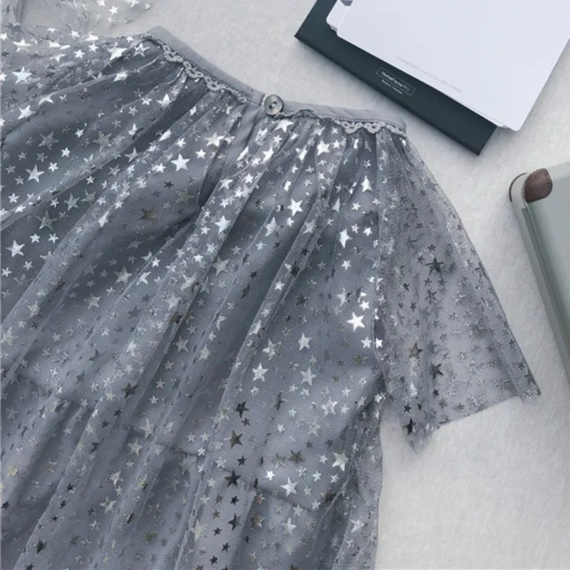 Sweet Mesh Children's Dresses Star Sequined Ball Gown Dress For Girl Short Sleeve Net Yarn Tutu Summer Girls Clothing | Детская