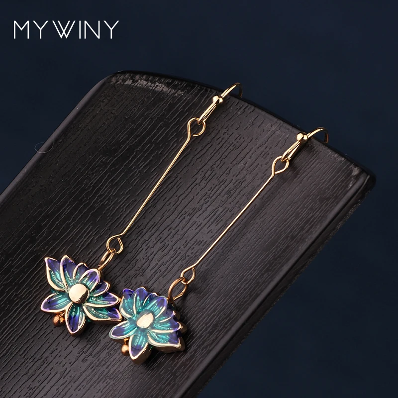 MYWINY новые модные ювелирные изделия перегородчатая цветок лотоса серьги для женщин, китайский ветер эмаль длинный крючок серьги красный
