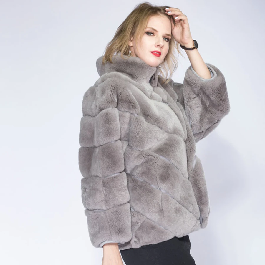 2022 Hot Woman Real Rex Rabbit Fur Coat,winter Stand Collar Short Section Thick Coat, Bat Sleeve Ladies Coat  Fur Coat Plus Size