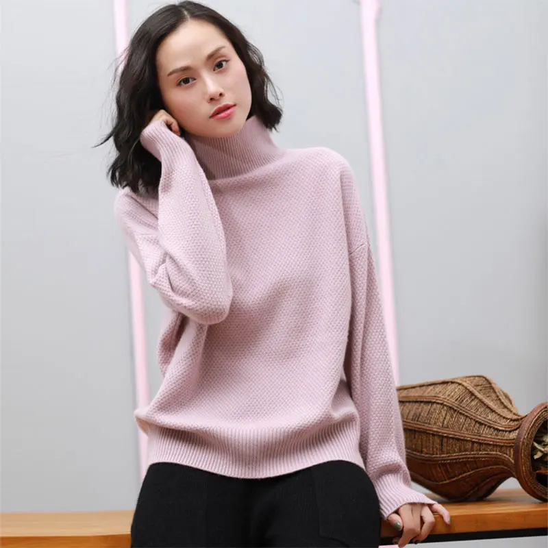 Женский свитер-пуловер с высоким воротником 100% чистый кашемир длинными рукавами