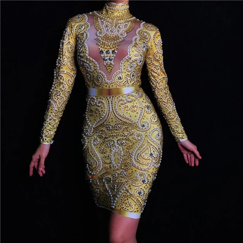 Fashion Rhinestones Pearls Dress Long Sleeves Women's Gold Female Singer Clothes Birthday Celebrate Evening DWY1383 | Тематическая