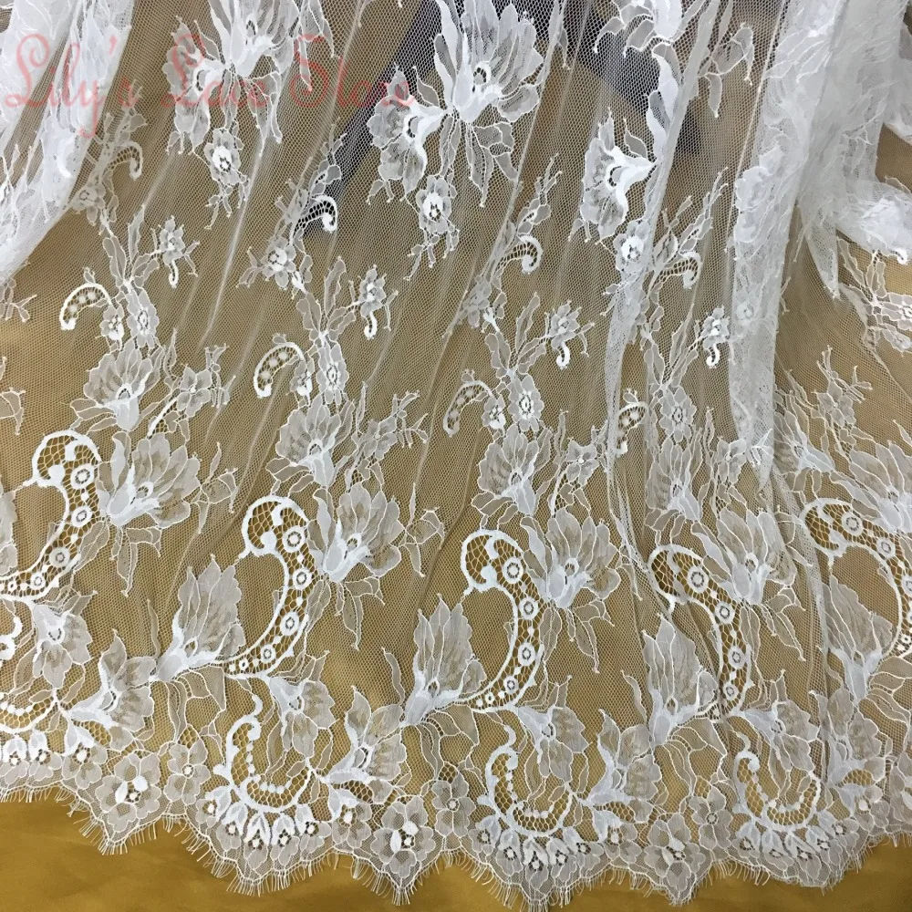 Тонкое качество cahntilly кружевная ткань 150*300 см/шт. Двойная окантовка отделка кружевом с ресничками французская кружевная ткань повторяющиеся цветы
