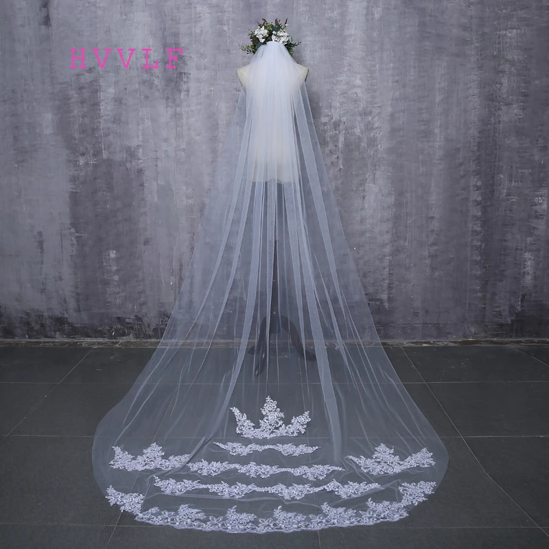 

Bride Veils White Applique Tulle 3 meters veu de noiva long wedding veils bridal accessories lace bridal veil