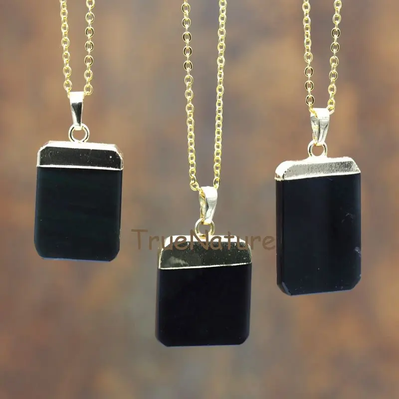 

New Arrival Black Obsidians Gold Color Link Chains Jewelry Rectangle Obsidians Pendant Necklace In 16-32 Inch NM5860