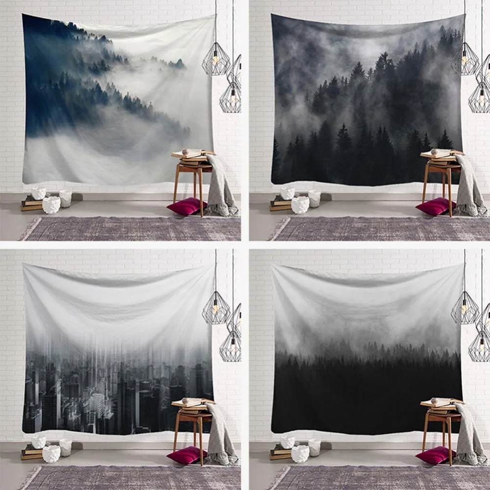 

Foggy Forest Tapestry Wall Hanging Hippie Black and White Mat Blanket Rug the City of Fog Scenic Wall Painting Dorm Room Decor