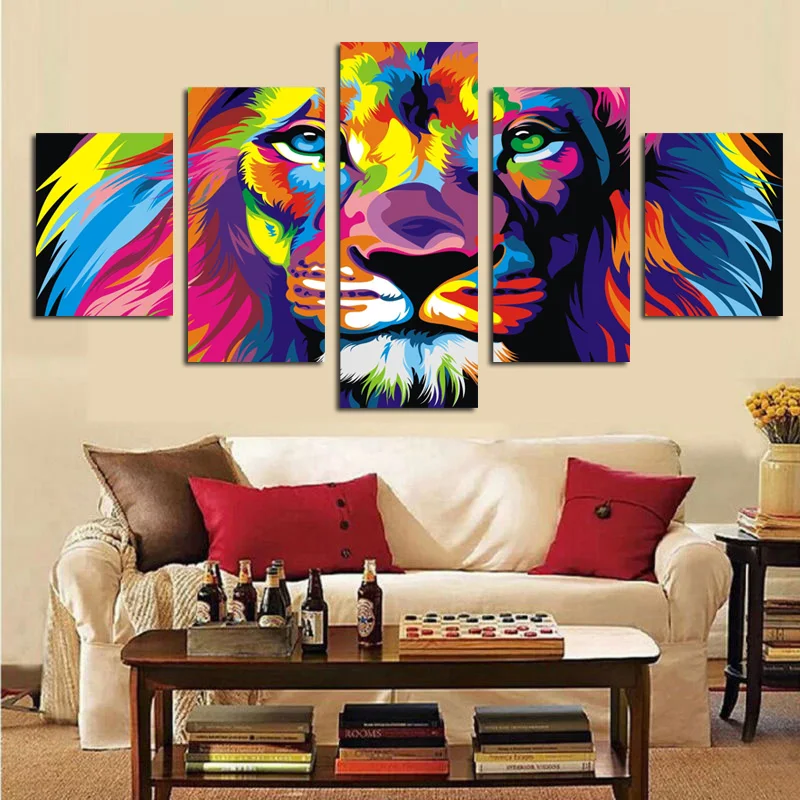 

5Panel Print Watercolor Lion Abstract Oil Painting on Canvas Animal Modern Modular Wall Picture Poster for Living Room Cuadros