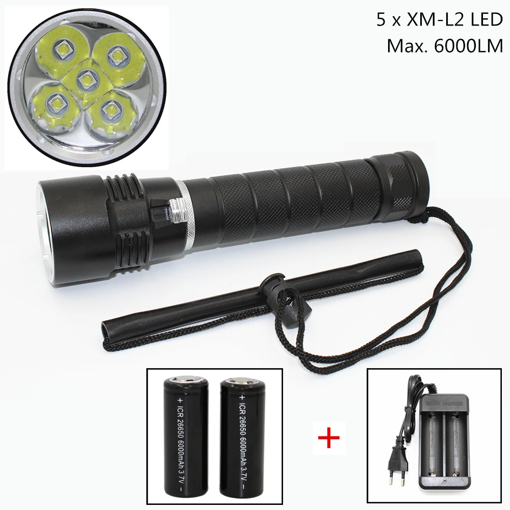 

Новый фонарик для дайвинга 5 x XM-L2 LED 6000LM, водонепроницаемый фонарик для подводного плавания