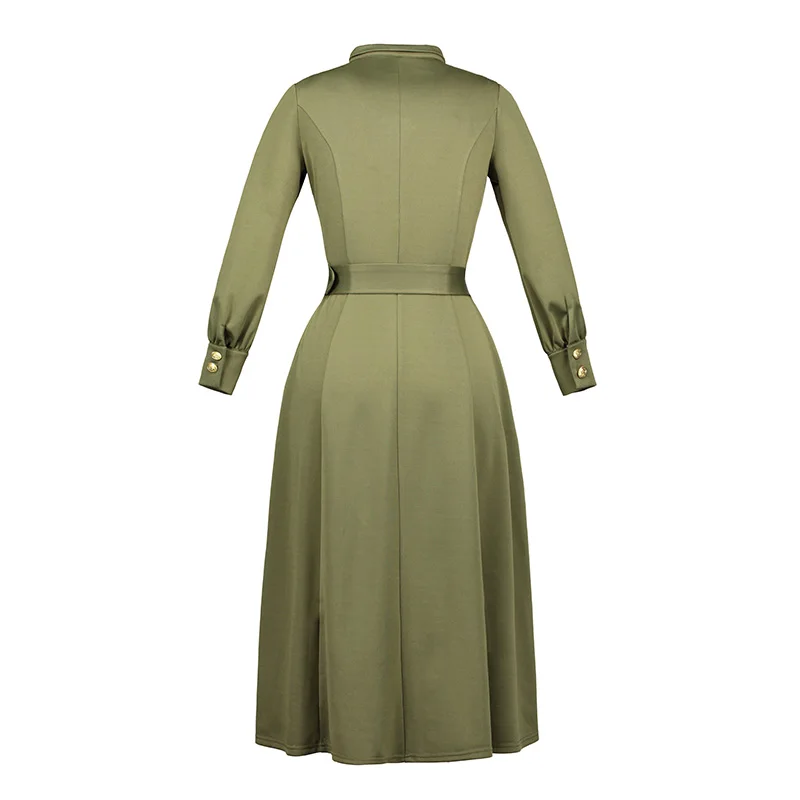 

Nice Autumn Women A Line Dress Peter Pan Collar Mid Calf Full Sleeve Belted Green Elegant Slim Women Nice Dress