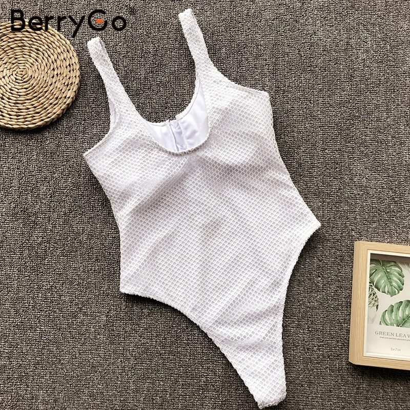 BerryGo, сексуальный белый слитный купальник с сеткой, женский купальник с пуговицами и открытой спиной, цельный летний купальник, повседневный пляжный тонкий купальник