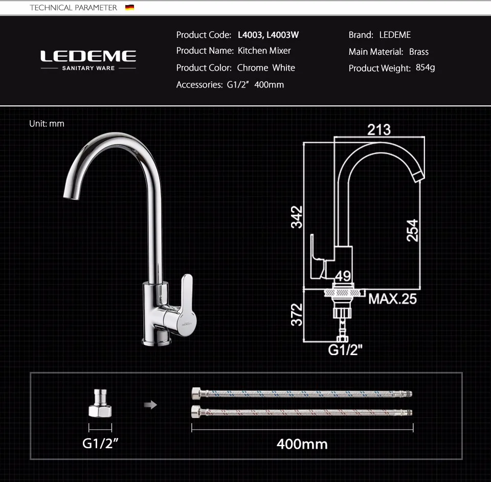 LEDEME Смеситель для кухни высокий с гайкой латунь Цвет: хром L4003