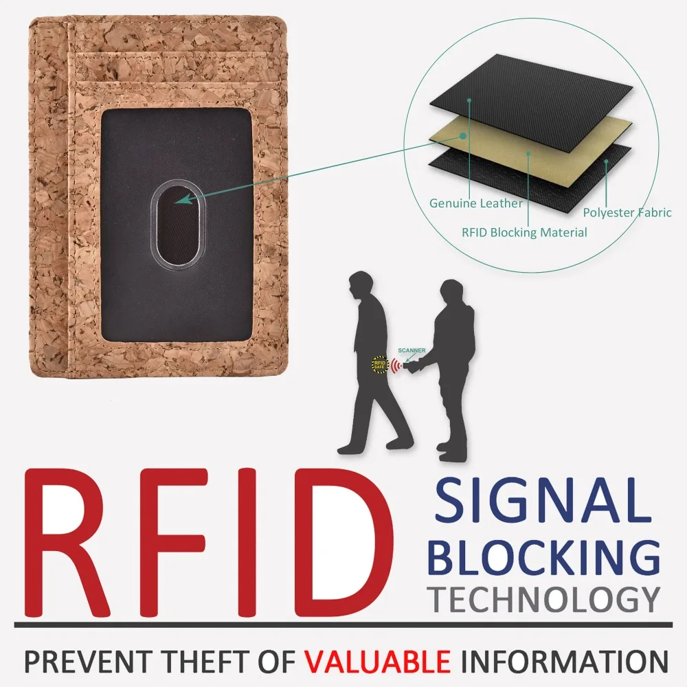 Тонкий кошелек RFID передний карман Красное вино из пробки Ткань Vegan кожаный