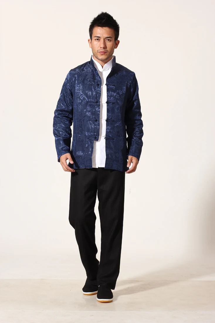 Синий Серебряный Китайский Мужской атласный пиджак Двустороннее пальто кунг фу