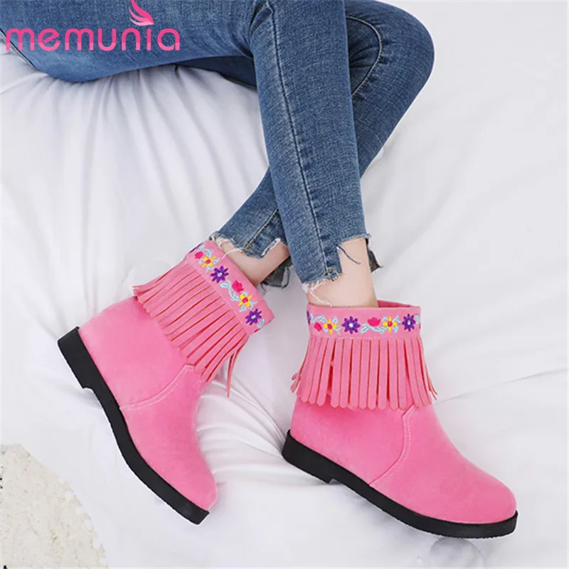 

MEMUNIA 2020 Newest women ankle boots flock round toe tassel embroider autumn winter boots comfortable low heels hsoes woman