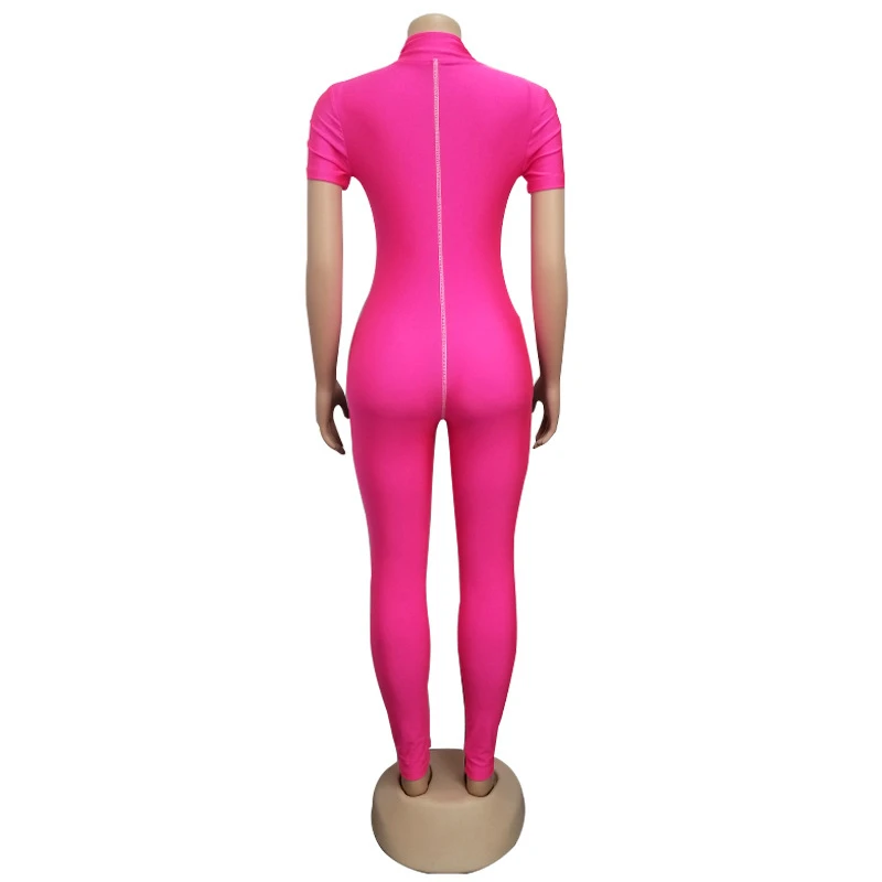 Женский комбинезон на молнии с V образным вырезом и коротким рукавом|Женские