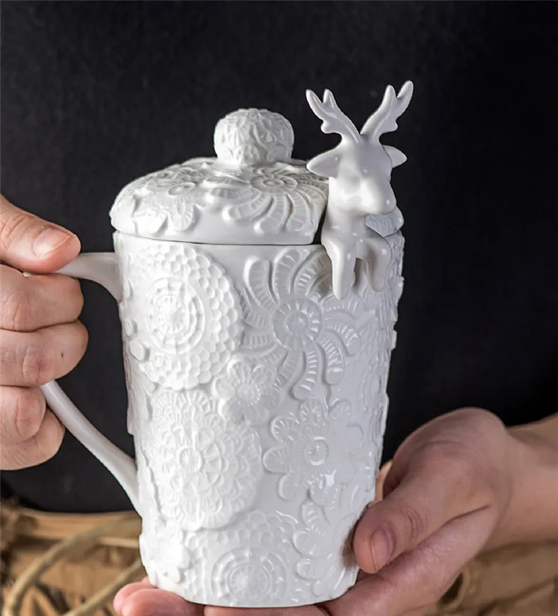 Кофейные чашки, покрытие, набор фарфоровых стаупов, белая чашка с тиснением, Классический Рождественский подарок, подарок на год, с рисунком оленя, посуда для напитков