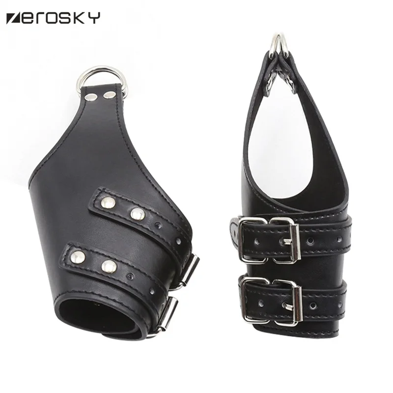 Наручные перчатки для бондажа черные кожаные Висячие с качающимися ручками