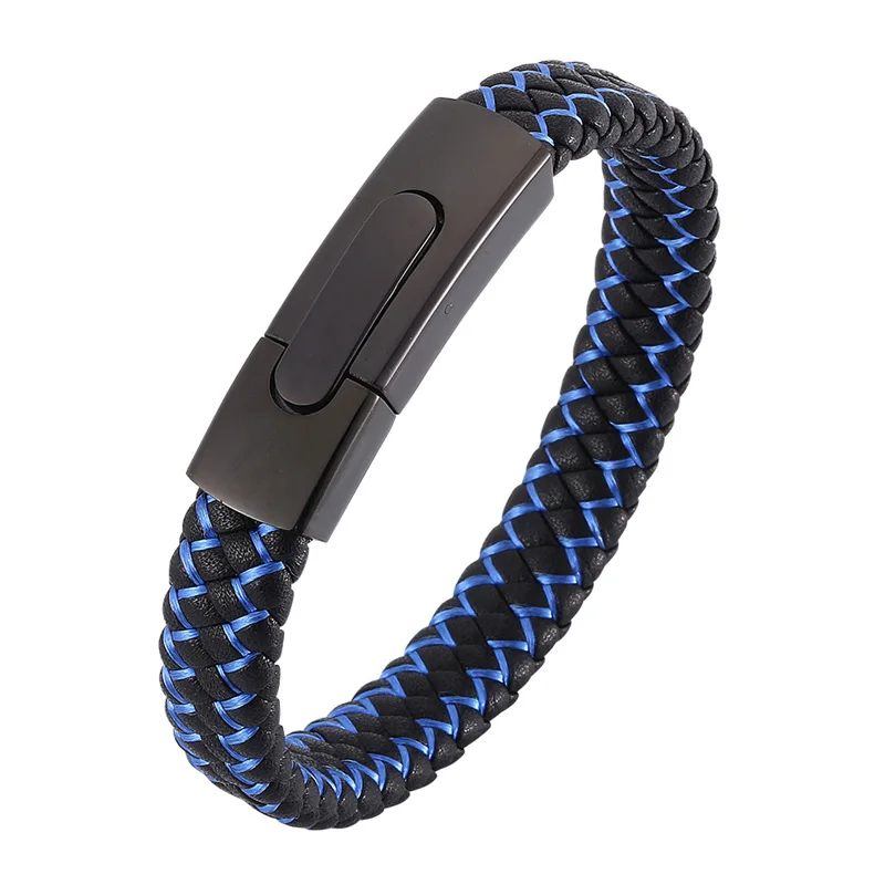 

2019 Fashion Men Jewelry Black Leather Rope Blue Nylon Rope Mixed Weave Male Bracelet Stainless Steel Clasps Man Bangles SP0045