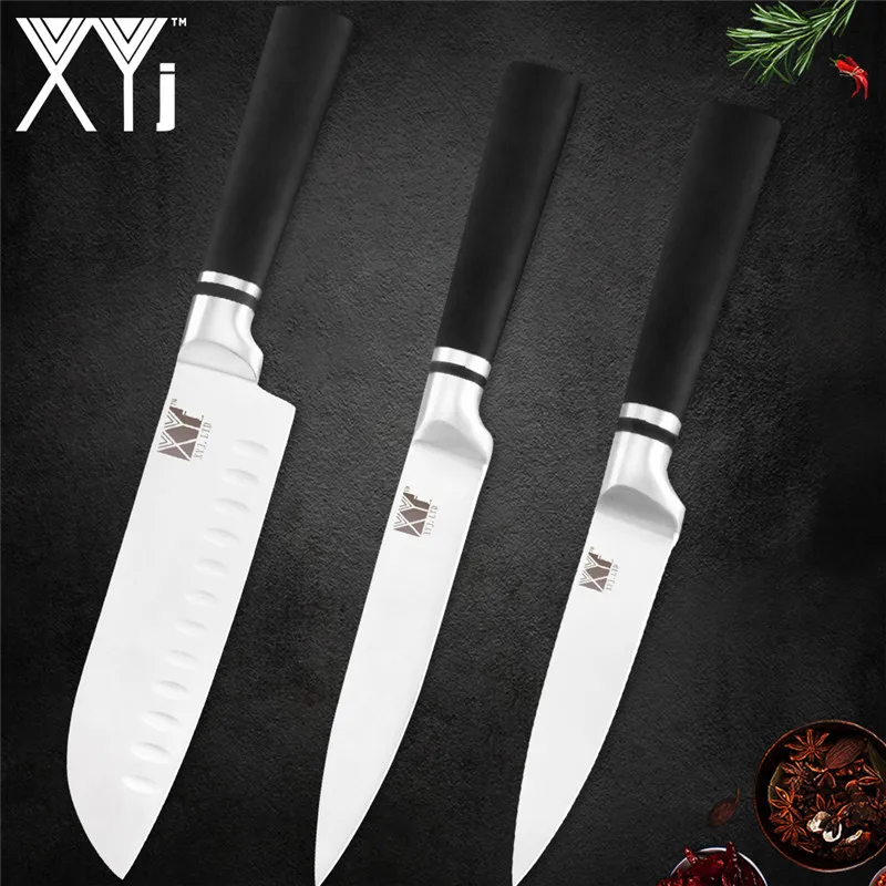 F.3pcs set XYj 6 шт. набор кухонных ножей из нержавеющей стали с нескользящей ручкой 7cr17 лезвие шеф-повара для нарезки хлеба Santoku нож для очистки овощей - Цвет: F.3pcs set