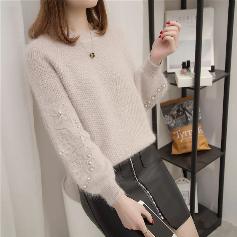 2019 Rhinestone Ans Faux Fur Embellished Cuff Jumper Grey Crew Neck Casual Pullovers Autumn Elegant Long Sleeve Sweater | Женская одежда