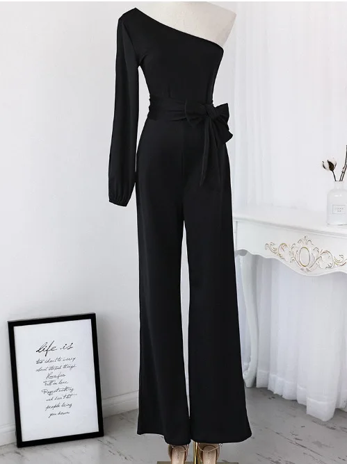 

Jumpsuit Women 2018 Summer New Sexy One-shoulder Sleeves Solid Colour Slim Lace-up Full Length Jumpsuit Trousers Female S-XL