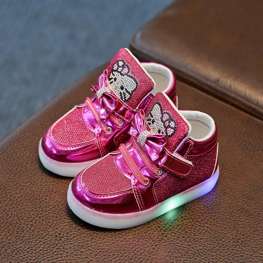Бренд Новые детские туфли Новинка весны Hello Kitty со стразами обувь со светодиодной подсветкой для девочек принцессы Милая обувь с светильник EU 21-30
