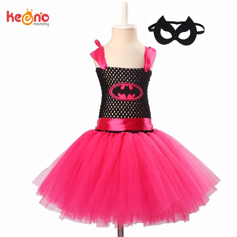 Bat Girl Halloween Costume Girls Hot Pink Tutu Dress with Mask Kids Super Hero Cosplay Fancy Vestidos Baby | Детская одежда и