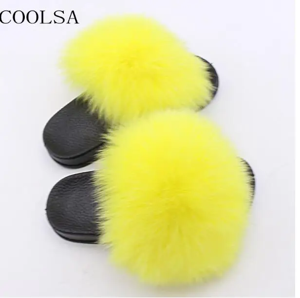 Yellow COOLSA/детские меховые тапочки; домашние теплые пушистые тапочки из лисьего меха для девочек; Плюшевые сандалии из ПВХ на плоской подошве; детские тапочки на заказ - Цвет: Yellow