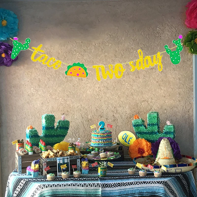 Taco TWOsday баннер для дня рождения Золотой блестящий знак гирлянда мексиканской