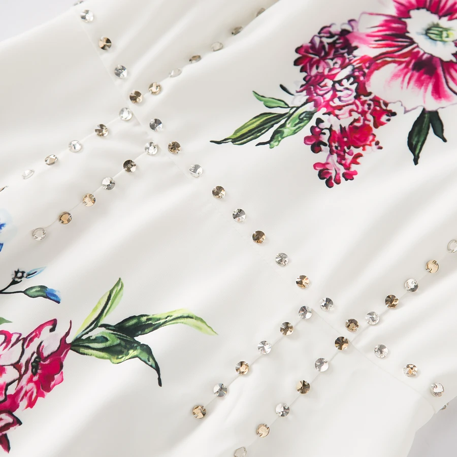

SEQINYY White Dress Summer Short Sleeve Beading Colorful Flowers Printed 2018 Casual Knee High Quality Women's Fashion Dress