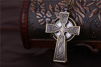 unique design vintage metal cross shape pedant quartz bronze religious design men women fob retro chain fashion pocket watch