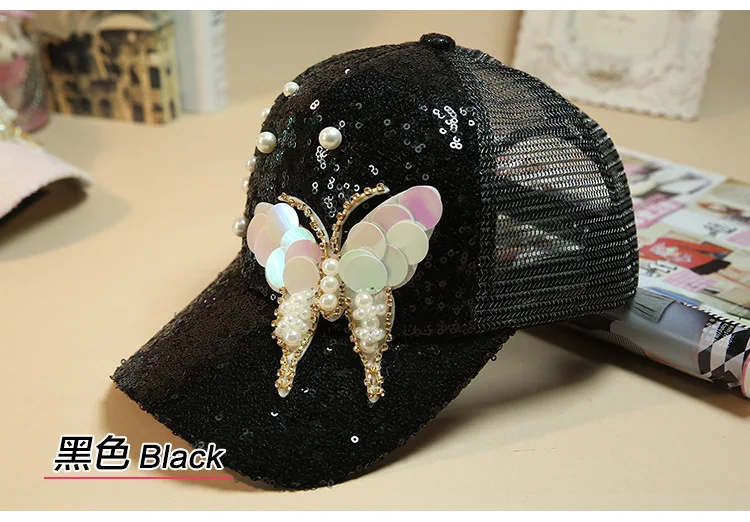 Роскошные Для женщин Бейсбол Кепки Марка Bling бабочка жемчуг Блёстки хип-хоп Кепки Винтаж на кнопках сзади Дизайн Кепки Повседневное snapback hat