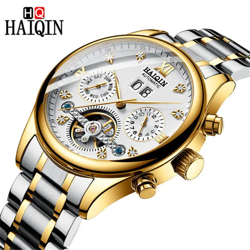 Gold White S HAIQIN мужские часы новые роскошные золотые деловые машины/Досуг/автоматический/водонепроницаемый/нержавеющая сталь/часы для мужчин - Цвет: Gold White S