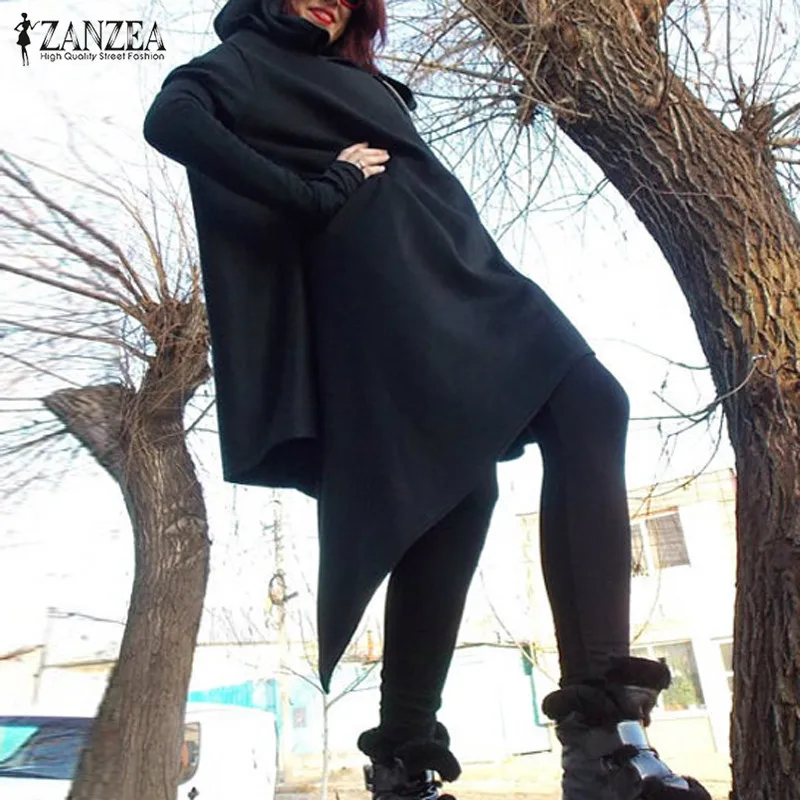 ZANZEA Осенняя толстовка с капюшоном и длинным рукавом на молнии Свободная Повседневная Женская Асимметричная однотонная Толстовка пуловер топ блуза
