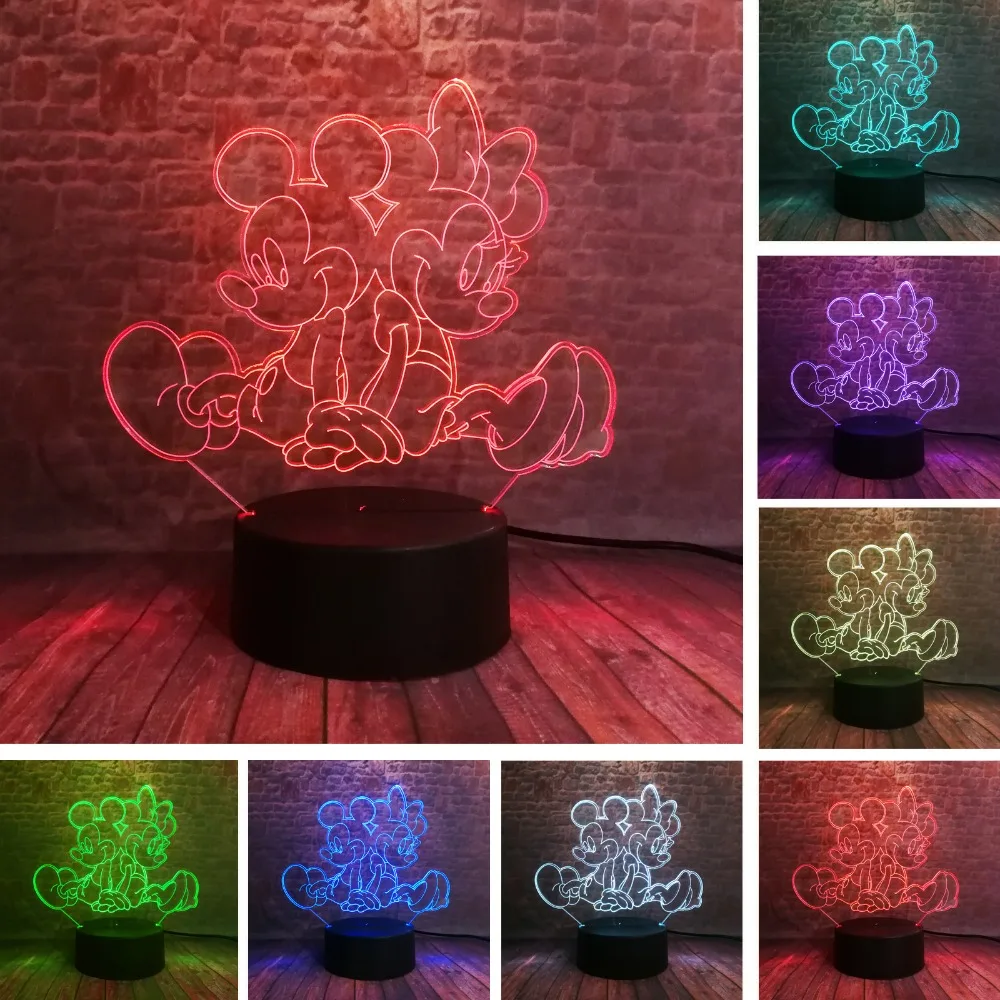 3D светодиодный ночник с Минни и Микки Маусом 7 цветов USB голографическая лампа