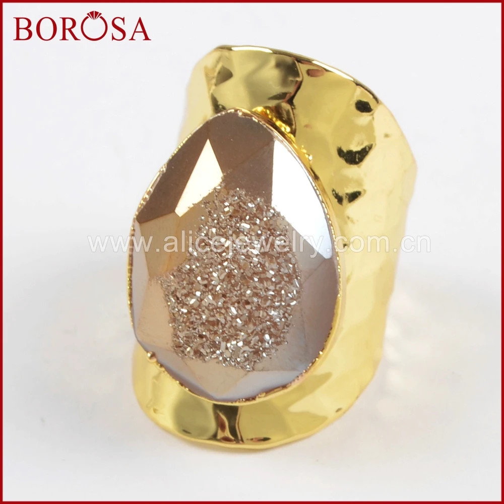 BOROSA Teardrop Drusy Gems Rings for Women Fashion Rainbow Titanium Druzy Faceted Gold Band Party Jewelry G1430 | Украшения и