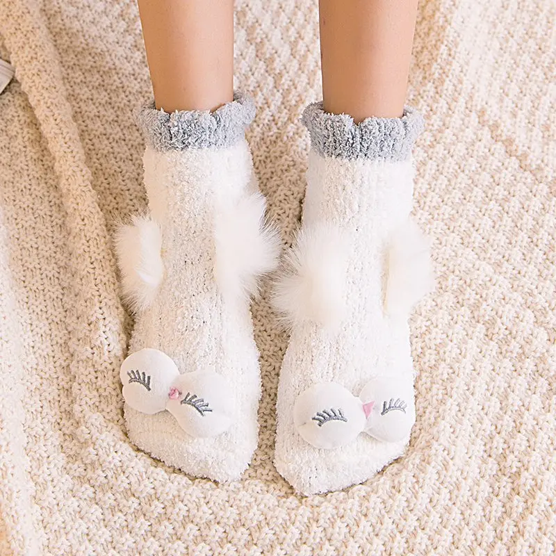 1 пара Harajuku забавное носки с животными зимние Бархатные Теплые мягкие домашние носки-тапочки Kawaii Девочки Женские кролик сова Пушистые Носки для сна