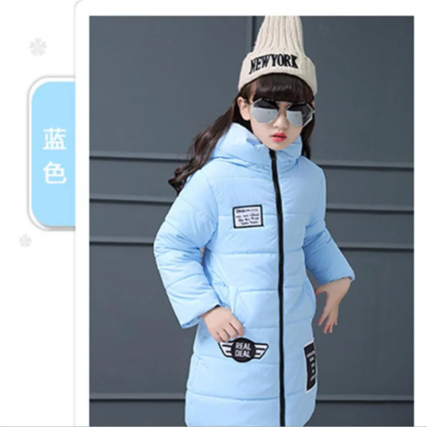 light blue Зимняя одежда для девочек детская зимняя утепленная хлопковая куртка длинное теплое пальто для девочек топы для девочек, верхняя одежда для детей возрастом от 3 до 11 лет, пальто до колена - Цвет: light blue