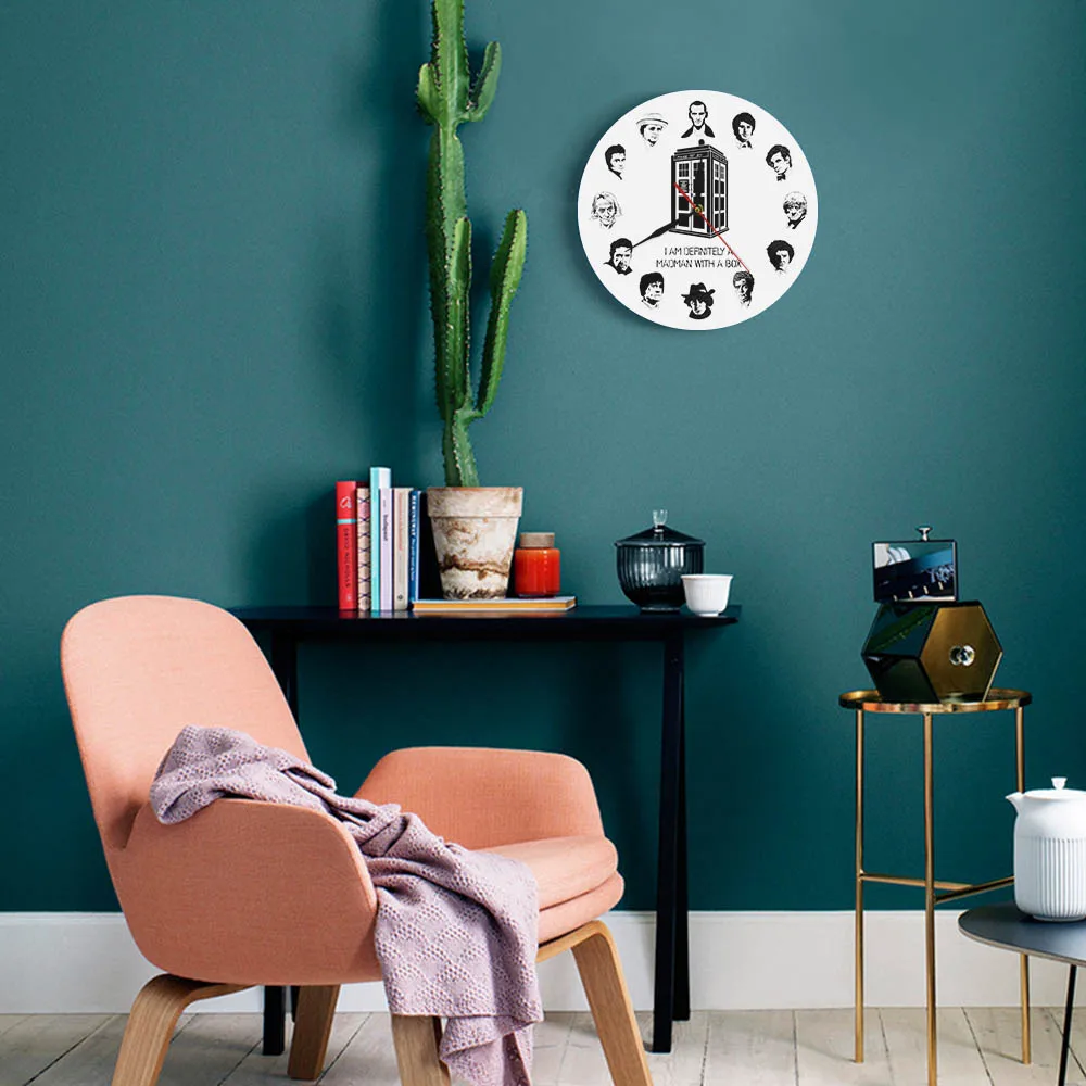 I AM DEFINITELY A MADMAN WITH BOX Time Police Box Inspired 12 Characters Modern Wall Clock Public Call Decorative Watch | Дом и сад
