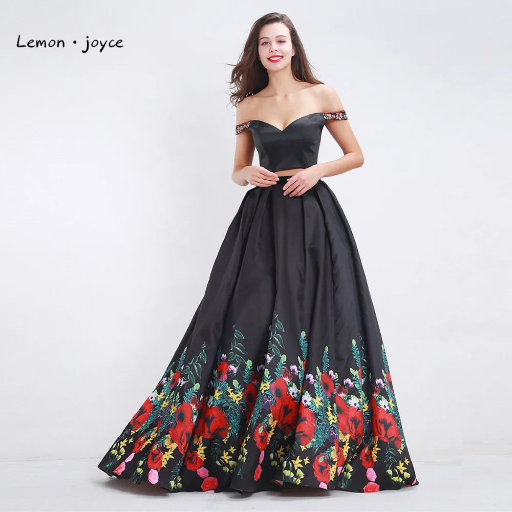 Черные Выпускные Платья с цветочным принтом 2020 из двух частей вырезом лодочкой и