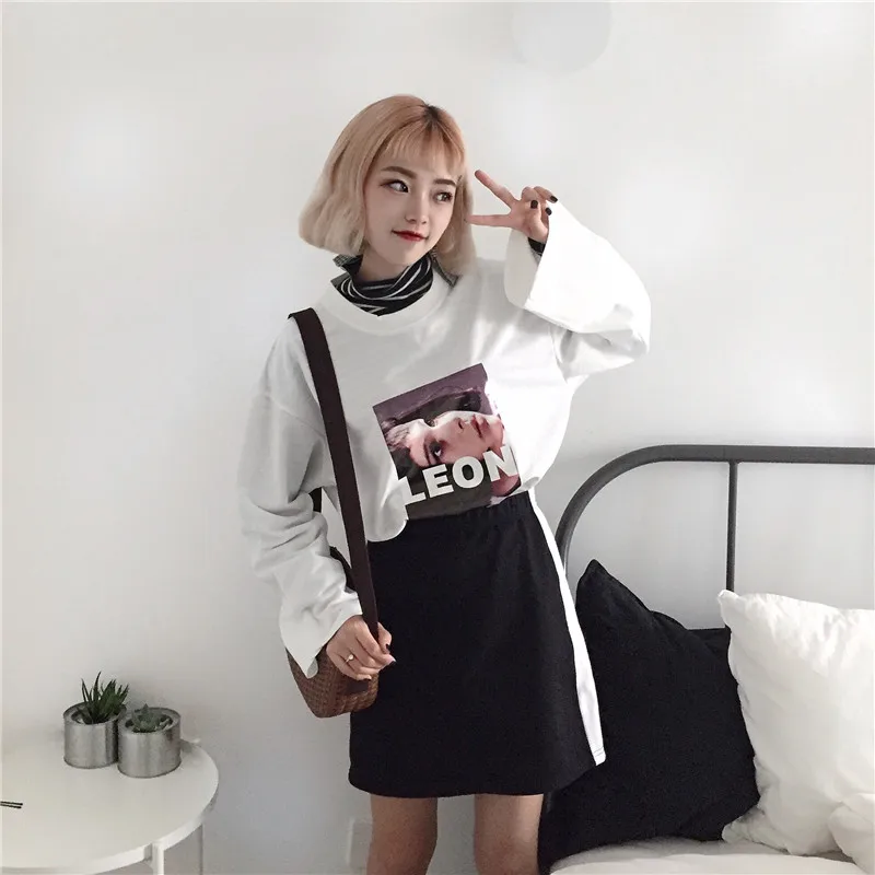 Женская рубашка Топ весна корейский Ulzzang Harajuku с принтом персонажей летучей мыши с длинным рукавом Женская Повседневная футболка с круглым вырезом