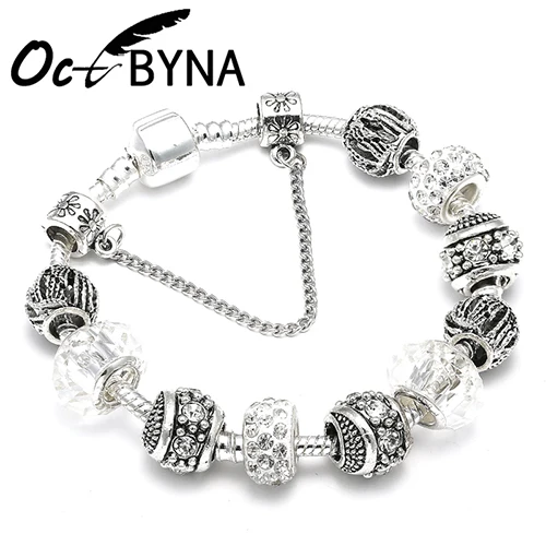 OCTBYNA, модный посеребренный браслет с хрустальными шариками и бусинами для женщин, Браслет-манжета на цепочке, брендовый браслет, лучший друг - Окраска металла: AE006